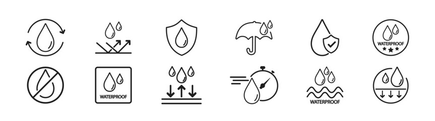 Waterproof icon set. Waterproof signs symbols. Water protection, liquid proof protection. 