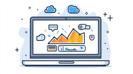 Laptop Displaying Financial Data Graph Analysis in Pixel Style for Web Analytics and Investment Growth Strategy and Digital Business Trend