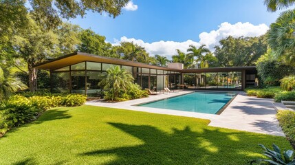 Modern house with pool surrounded by lush greenery and trees