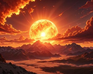 Spectacular Sunset Over Mountains: Fiery Sky and Clouds