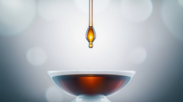Amber liquid drips from pipette into a bowl
