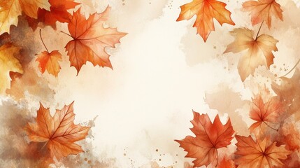 Watercolor autumn background featuring maple leaves in warm tones around the edges, leaving a soft, neutral space in the center, perfect for invitations or seasonal greetings with elegant touch
