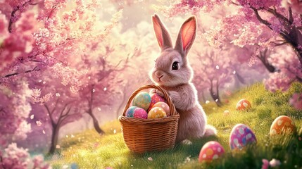 A cute rabbit sitting in a vibrant spring meadow, holding a basket filled with colorful Easter eggs, surrounded by blooming cherry blossom trees under a sunny sky