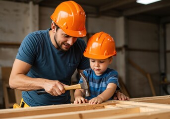 Man and child wearing hard hats working on wood project with hammer in workshop together bonding time