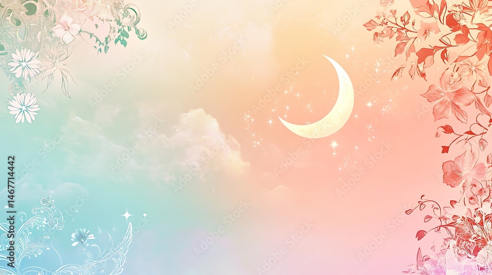 Poster a simple yet elegant eid ul azha background with crescent moons and stars in a soft gradient sky, su