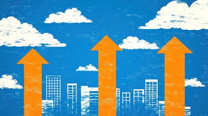 Urban growth chart abstract vision showing ascending arrows against a cityscape depicting economic development and financial expansion