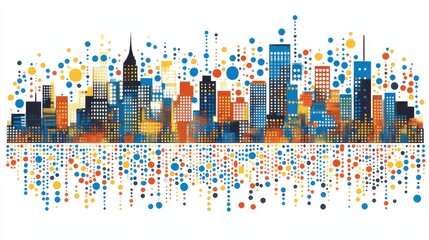 Vibrant cityscape mosaic artwork featuring abstract urban skyline and colorful digital reflections a modern architectural composition