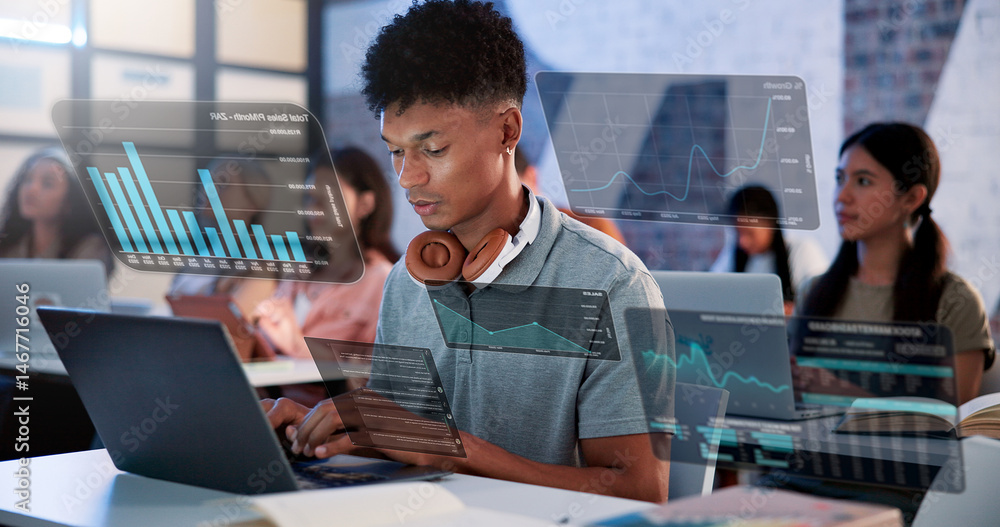 Poster man, laptop and hud with statistics in workshop for online trading course or market analysis in clas