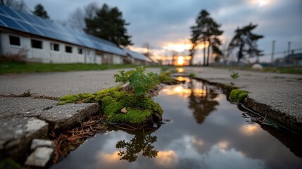 Fototapeta premium Small green plant growing through cracked pavement with puddle reflecting trees during sunset in an urban setting