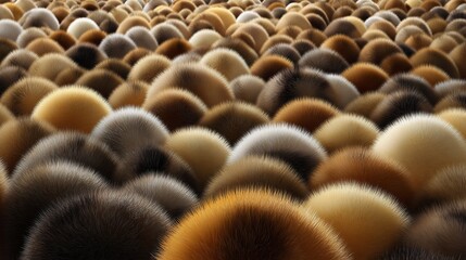 Obraz premium An abstract pattern of dome-shaped structures densely covered with various shades and textures of fur in a continuous surface study