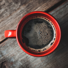 Red cup filled with black coffee on a wooden table