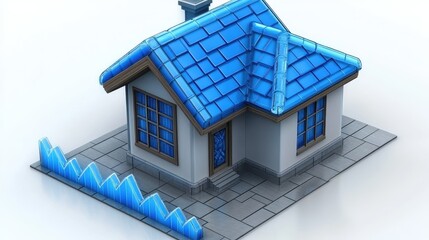 Pixelated blue roof house 3d model residence tiny home architecture design future building estate isometric view isolated small property