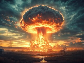 A massive mushroom-shaped cloud from a nuclear explosion with fiery base and billowing smoke, set against a dramatic mountainous sky.