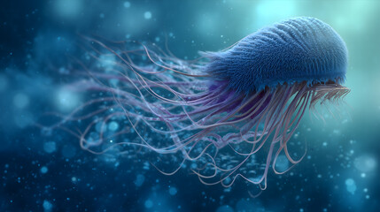A streamlined, blue jellyfish with fur-like texture and flowing purple tendrils glides effortlessly through a sparkling ocean scene.