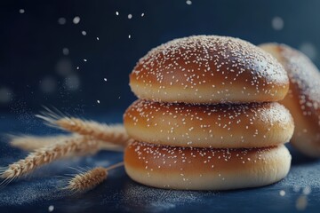 Freshly baked, light golden brown buns, stacked high, topped with a delicate sprinkling of sugar, sit on a dark surface with sprigs of wheat. Soft focus, bokeh effect, and subtle snowfall