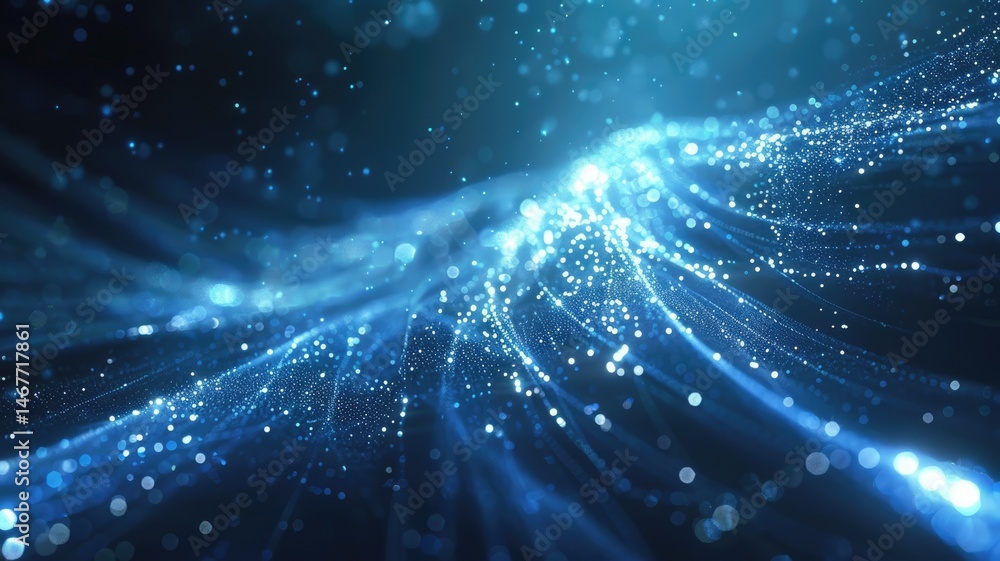 Poster abstract picture micro light sparkling particle represent data flow vivid flowing wave with high tec