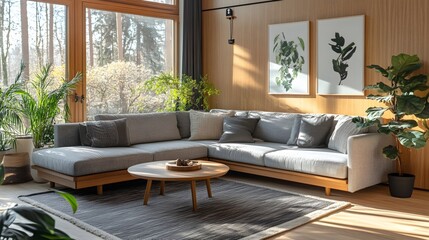 The natural and bright atmosphere of the Nordic style living room