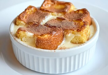 Bread pudding in a white ramekin topped with powdered sugar on a light surface.