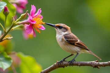 Fototapeta premium a small bird with an orange beak is perched on a branch, hovering over a vibrant pink flower