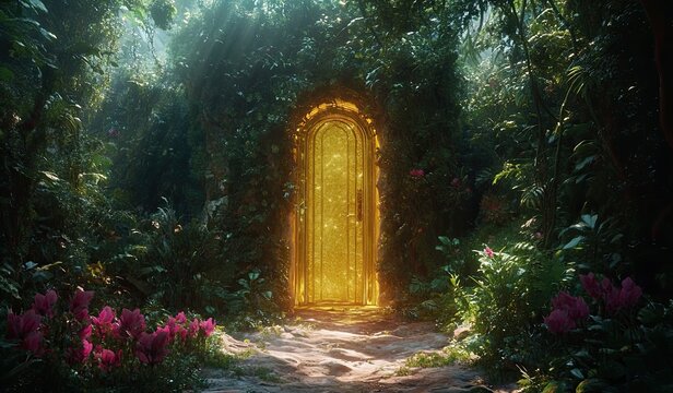 Golden portal in lush jungle.  A glowing golden archway, nestled within a dense, vibrant jungle. Sunlight streams through the portal, illuminating the path ahead. Lush greenery surrounds the area - Powered by Adobe