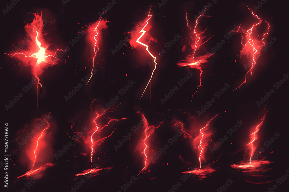 Poster vibrant red lightning strikes with dynamic patterns and effects against a dark background