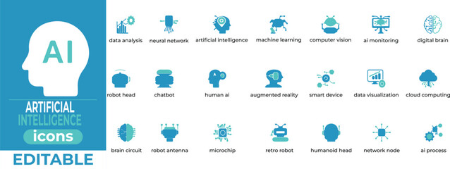Editable AI vector icons with clean lines, perfect for tech, innovation, and machine learning projects and interfaces