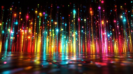 Iridescent light trails cascade onto a wet surface creating a vibrant and dynamic glowing effect for use as modern background texture