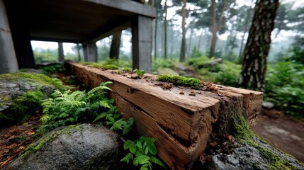 Close-up of a moss-covered wooden log with plants in a lush forest under a bridge or structure
