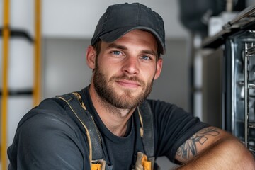 Technician fixing broken oven appliance at residential location