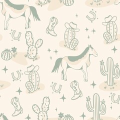 cowboy themed pattern design with cactus, boots and horse