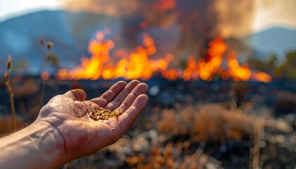Hand Holding Seeds Against a Backdrop of Flames Depicting Climate Change and Environmental Concerns