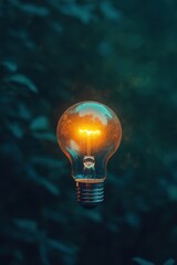 Illuminated Light Bulb Against Blurred Greenery