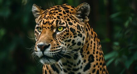 Obraz premium Close-up of a jaguar's head in a jungle setting