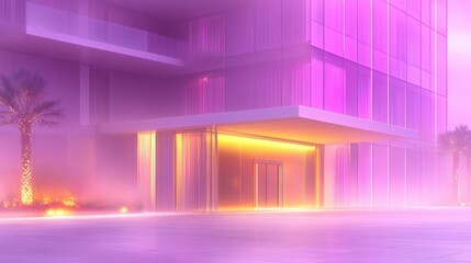 Modern building with pink and purple ambiance and subtle lighting for architectural visualization and luxury real estate design elements
