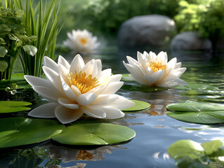 Serene lake with floating lily pads and reflections 32k, full ultra hd, high resolution