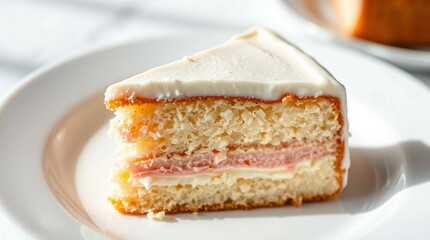 A single slice of decorated cake served on a white plate, realistic lighting, soft shadows, detailed frosting and layers, close-up view, stock photo style, on a neutral background