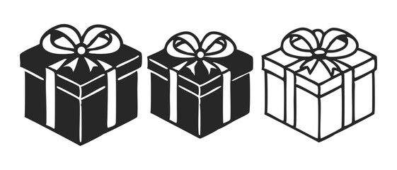 Gift Box Silhouette, Black Present Icon with Ribbon Bow Vector On a White Background
