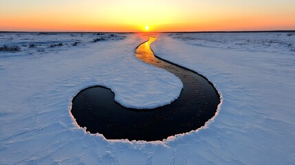 Frozen River Winding Through Snowy Tundra at Sunset