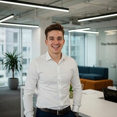 Fototapeta premium Young man smiling in a modern office environment