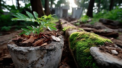 Obraz premium Close-up of a small plant growing in a weathered pot and mossy log in a dense forest setting during daytime