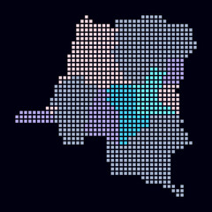 Democratic Republic of the Congo dotted map. Digital style map of the country on dark background. Democratic Republic of the Congo shape with square dots. Colored dots style. Large size squares.