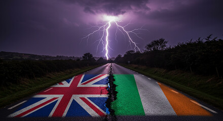 UK and Irish Flags Divided by Lightning Strike on Cracked Road, Brexit Political Tension Concept, Anglo-Irish Relations Symbolism, Storm Diplomacy Artwork