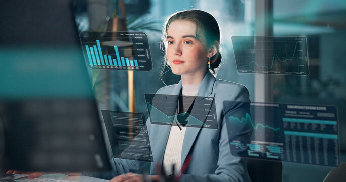 Woman, computer and night with hud statistics or hologram for online trading or market analysis. Female person, broker or financial analyst working late with digital overlay for investment platforms