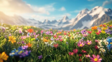 Fototapeta premium A vibrant meadow filled with colorful wildflowers in full bloom, set against a backdrop of majestic snow-capped mountains under a clear blue sky, perfect for nature enthusiasts