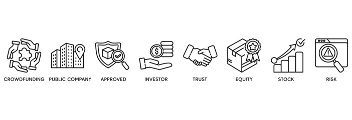 Ipo icon set vector illustration concept relate to initial public offering with icon of crowdfunding, public company, approved, investor, trust, equity, stock and risk