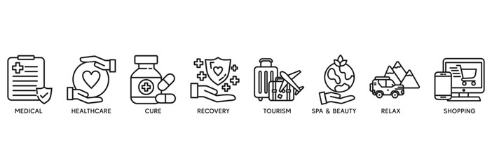 Medical tourism icon set vector illustration concept relate to medical, healthcare, cure, recovery, tourism, spa, beauty, relax and shopping