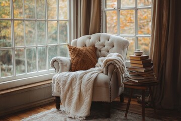 Fototapeta premium Cozy corner chair by a window, perfect for reading