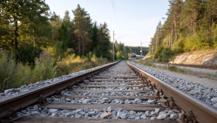 Fototapeta premium Railroad tracks stretching into the distance, surrounded by lush green forests