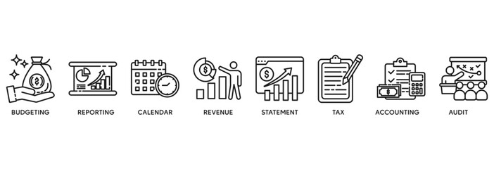 Fiscal year icon set vector illustration concept relate to budgeting, reporting, calendar, revenue, statement, tax, accounting, audit
