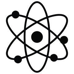 Bold black atom icon shows orbiting electrons around a central nucleus of the structure